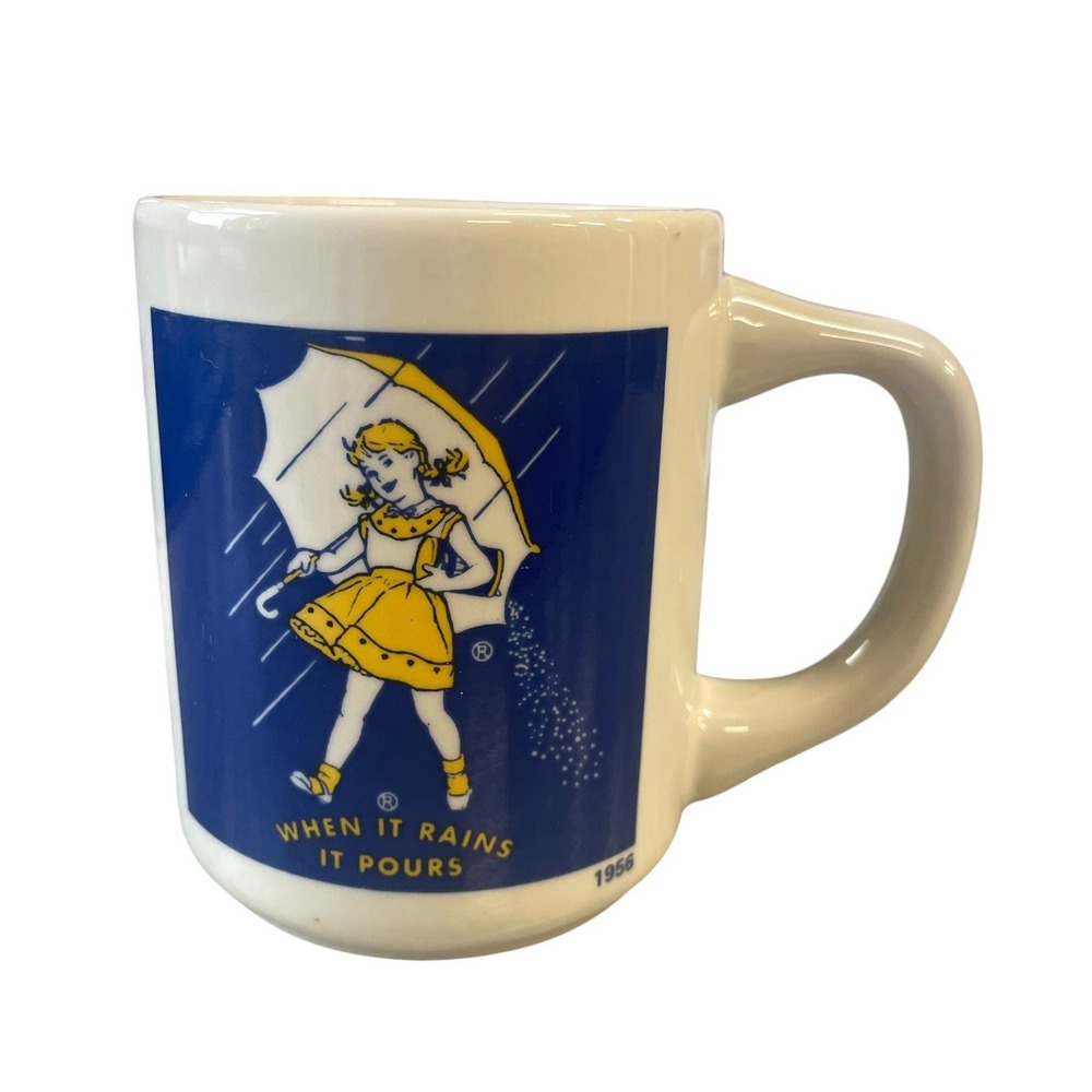 Morton Salt Coffee Mug White Blue 1956 Girl When It Rains It Pours Vintage